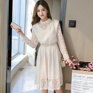 Mock-turtleneck Long-sleeve A-line Lace Dress