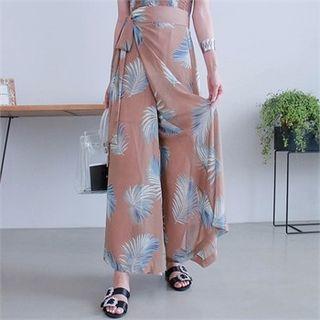 Flap-front Leaf-pattern Wide-leg Pants
