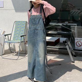 High-waist Washed Denim A-line Split Dress Denim Blue - One Size