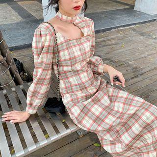 Long-sleeve Plaid Cutout Midi A-line Dress