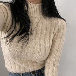 Ribbed Mock Neck Knit Long Sleeve Top