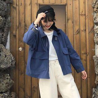 Plain Loose-fit Jacket Blue - One Size