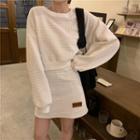 Long-sleeve Plain Sweatshirt + High-waist Patch Plain Skirt