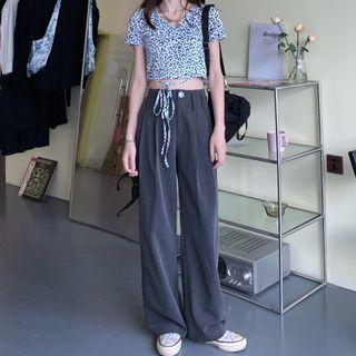 Wide-leg Pants / Short-sleeve Leopard Print Cropped T-shirt