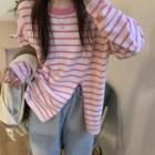 Long-sleeve Striped Slit Knit Sweater Stripe - Pink - One Size