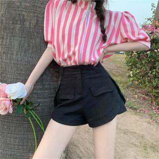 Striped Zipper Crop Shirt / High-waist Shorts