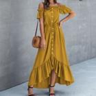 Ruffle Trim Off-shoulder Button Maxi A-line Dress