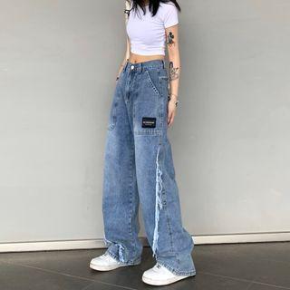 Mid Rise Frayed Wide Leg Jeans