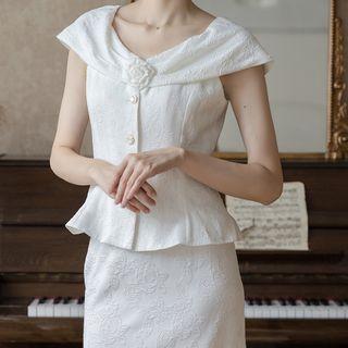 Cap-sleeve Rose Applique Top / Midi Pencil Skirt / Set