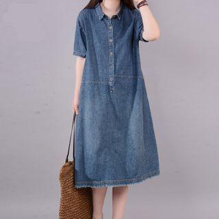 Short-sleeve Washed Midi Denim Polo Dress