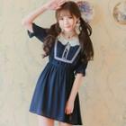 Contrast Trim Elbow-sleeve Chiffon Dress