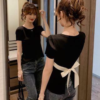 Short Sleeve Round Neck Bow Accent Top
