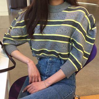 Elbow-sleeve Striped Sweater Gray - One Size