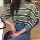 Elbow-sleeve Striped Sweater Gray - One Size