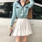Sailor Collar Double-breasted Knit Top/ High-waist A-line Lace-up Skirt
