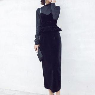 Set: Long-sleeve Mock-neck Top + Spaghetti Strap Peplum Midi Dress