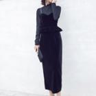Set: Long-sleeve Mock-neck Top + Spaghetti Strap Peplum Midi Dress