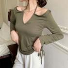 Long-sleeve V-neck Halter Drawstring Top