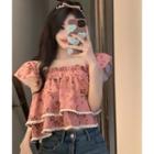 Puff-sleeve Off-shoulder Floral Blouse Floral - Pink - One Size