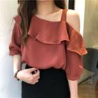 Ruffled Cold-shoulder Elbow-sleeve Blouse