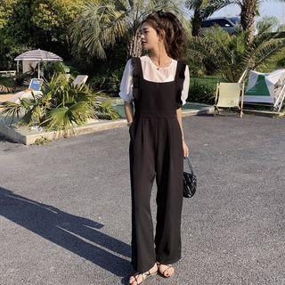 Set: Short-sleeve Plain Blouse + Wide Leg Jumper Pants
