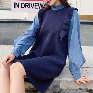 Set: Plain Long-sleeve Blouse + Ruffle-trim Knit Pinafore Dress
