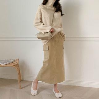 Cargo-pocket Maxi Corduroy Skirt Beige - One Size