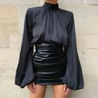 Puff-sleeve Blouse / Faux Leather Shirred A-line Skirt
