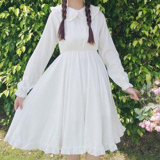 Long-sleeve Plain Peter Pan Collar Dress White - One Size