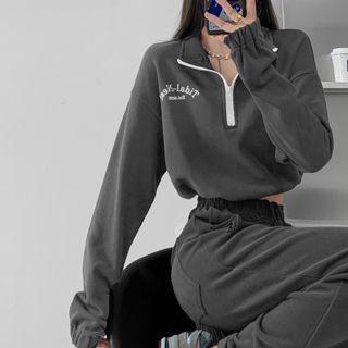 Half-zipper Embroidered Cropped Sweatshirt