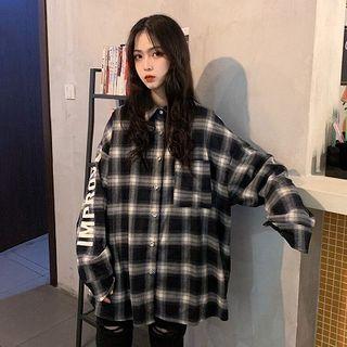 Color-block Lettering Print Long-sleeve Blouse Plaid - One Size