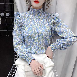Stand-collar Ruffle Trim Floral Blouse
