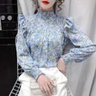 Stand-collar Ruffle Trim Floral Blouse