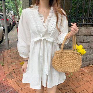Frilled V-neck Long-sleeve Dress White - One Size