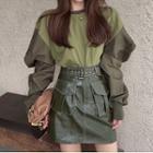 Two-tone Sweatshirt / Pocket Detail Mini Pencil Skirt