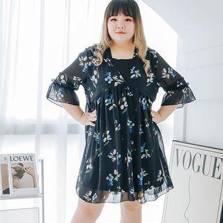 Elbow-sleeve Floral Chiffon Smock Dress