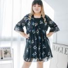 Elbow-sleeve Floral Chiffon Smock Dress