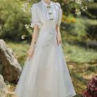 Short-sleeve Floral Frill Trim Midi A-line Qipao Dress
