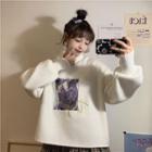 Printed Mock Two-piece Turtle-neck Loose-fit Long-sleeve Sweatshirt