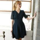 Sheer-sleeve Wrap-front A-line Dress
