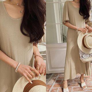 Elbow-sleeve Flared Long T-shirtdress Beige - One Size