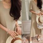 Elbow-sleeve Flared Long T-shirtdress Beige - One Size