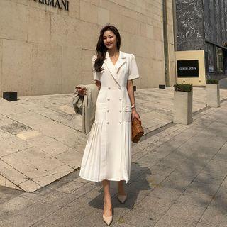 Buttoned Pleated Long Coatdress