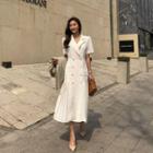 Buttoned Pleated Long Coatdress