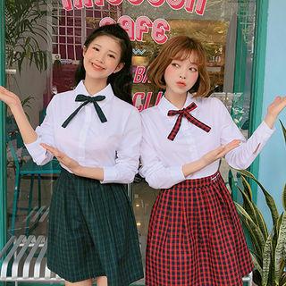 Mock Two-piece Plaid Dress With Tie