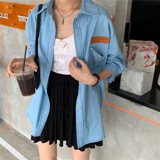 3/4-sleeve Denim Shirt Blue - One Size