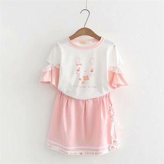 Set: Printed Lace Trim Short-sleeve T-shirt + Side Lace-up A-line Skirt