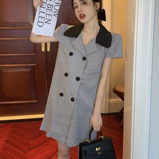 Short-sleeve Collar Double-breasted Houndstooth Mini Dress Houndstooth - Black - One Size