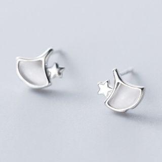 925 Sterling Silver Cat Eye Stone Leaf Stud Earrings Silver - One Size