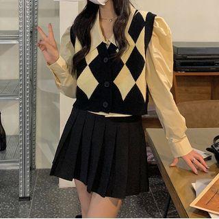 Puff-sleeve Shirt / Argyle Print Sweater Vest
